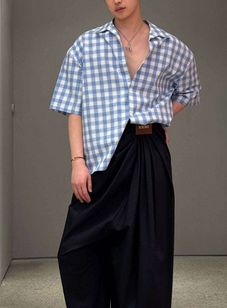 로에베 / 자수 로고 쇼트 체크 셔츠