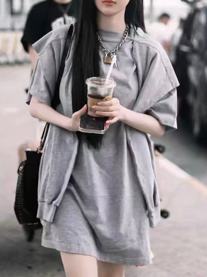 발렌시아가 / 더블 소매 후드 레이어드 오버 티셔츠