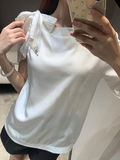 샤넬 / 리본 라운드 넥 오프숄더 루즈핏 티셔츠