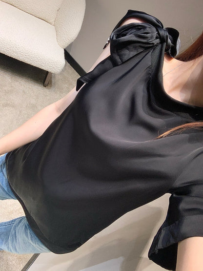 샤넬 / 리본 라운드 넥 오프숄더 루즈핏 티셔츠