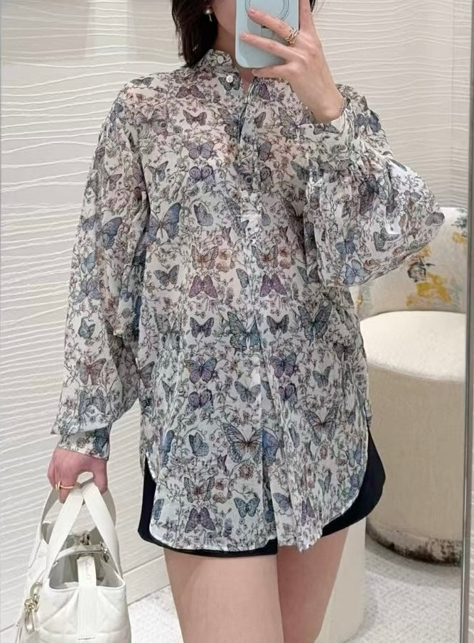 디올 / 버터플라이 프린트 시스루 셔츠