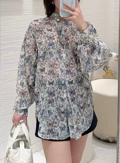 디올 / 버터플라이 프린트 시스루 셔츠