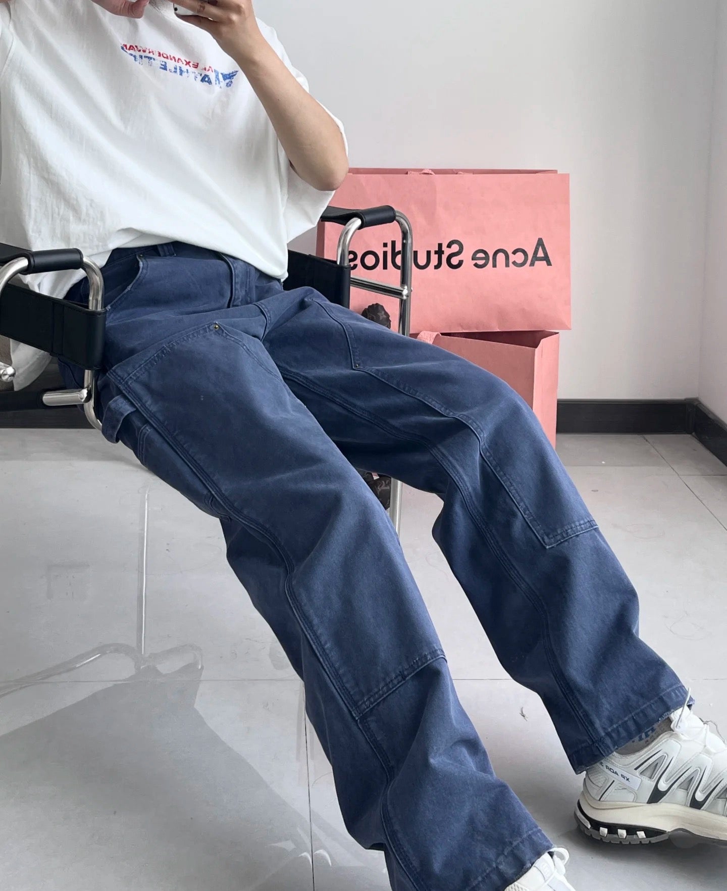 프라다 / 삼각로고 가죽패치 와이드 팬츠