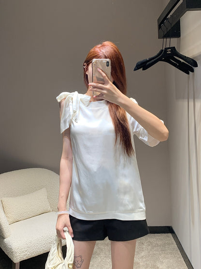 샤넬 / 리본 라운드 넥 오프숄더 루즈핏 티셔츠