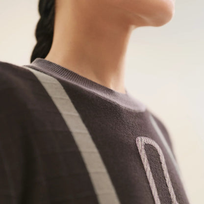 에르메스 / 차콜브라운 로프 자수 체크 자카드 슬림핏 쇼트 티셔츠