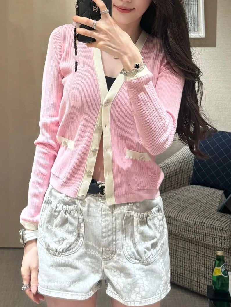 샤넬 / 슬림핏 브이넥 골지 가디건