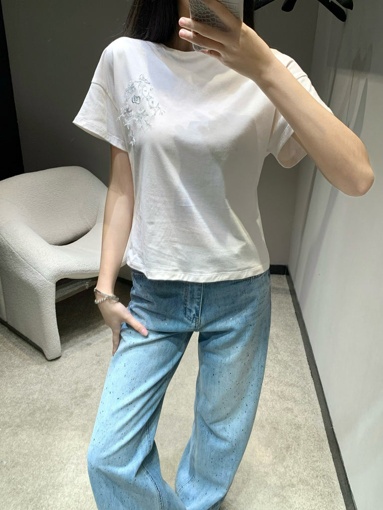 디올 / 레터링 자수 로고 장식 라운드 넥 티셔츠