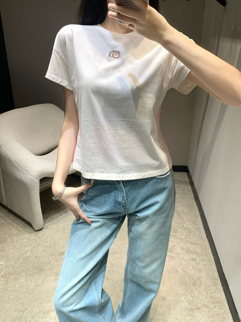 디올 / 레터링 자수 슬림 배색 티셔츠