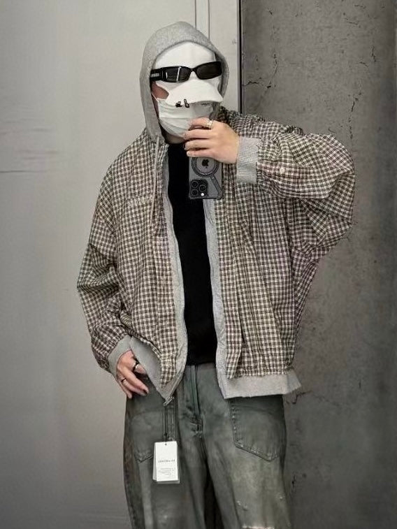 발렌시아가 / 체크 배색 후드 집업 자켓