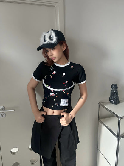 미하라야스히로 / 스마일 캐릭터 스티커 라운드 쇼트 티셔츠