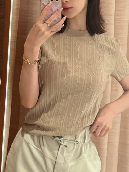 에르메스 / 자카드 쇼트 슬림넥 실크 캐시미어 티셔츠