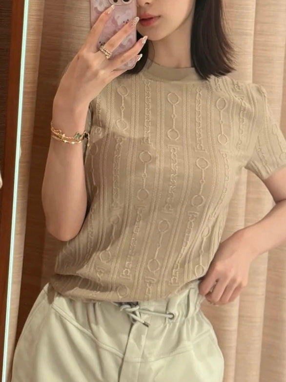 에르메스 / 자카드 쇼트 슬림넥 실크 캐시미어 티셔츠