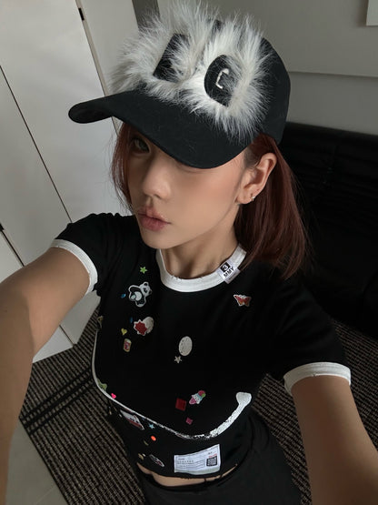 미하라야스히로 / 스마일 캐릭터 스티커 라운드 쇼트 티셔츠